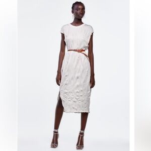 Zara Cream crinkle Midi Dress with Tan Accent belt